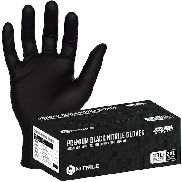 Azusa Safety Premium Nitrile Disposable Gloves, 6 mil, Powder-Free, Fully Textured, 2XL, 100 PK, Black ND6020 - main
